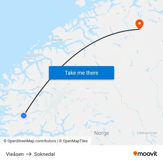Vieåsen to Soknedal map