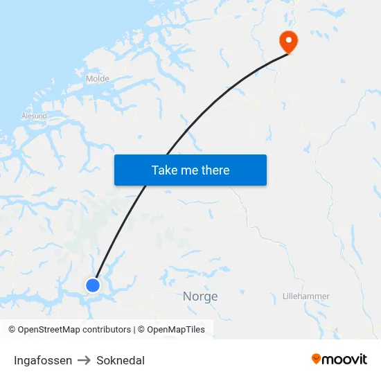 Ingafossen to Soknedal map