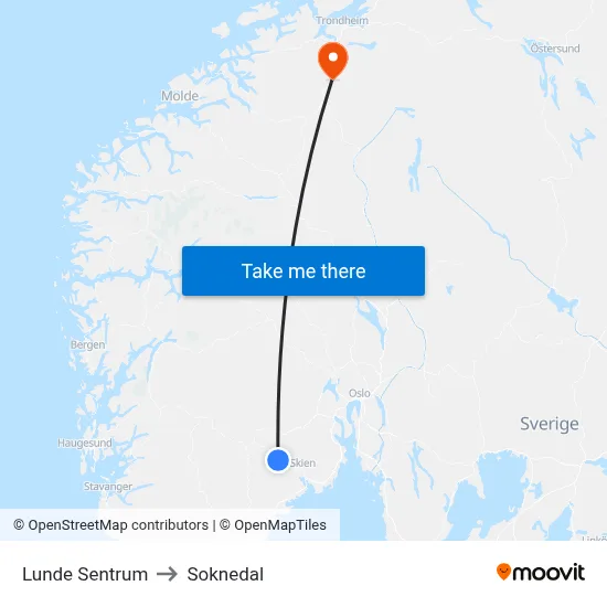 Lunde Sentrum to Soknedal map