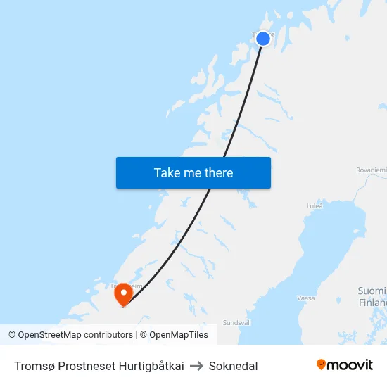 Tromsø Prostneset Hurtigbåtkai to Soknedal map