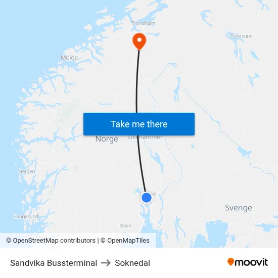 Sandvika Bussterminal to Soknedal map