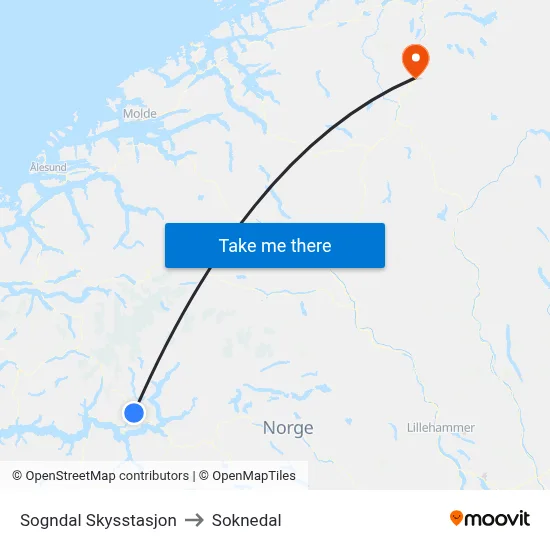 Sogndal Skysstasjon to Soknedal map
