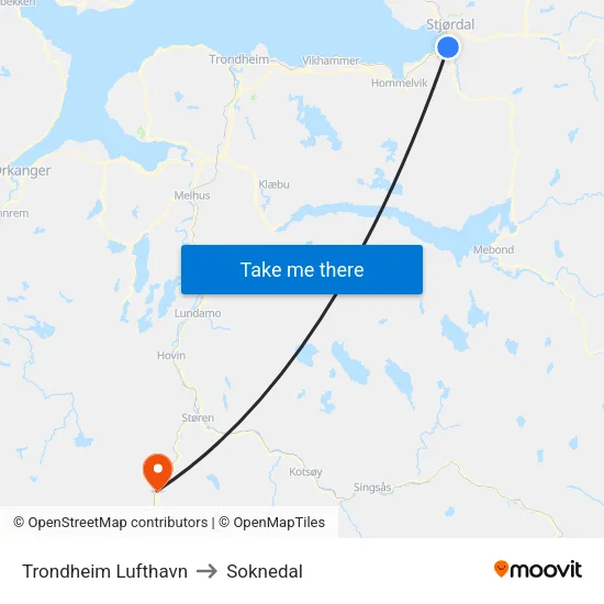 Trondheim Lufthavn to Soknedal map