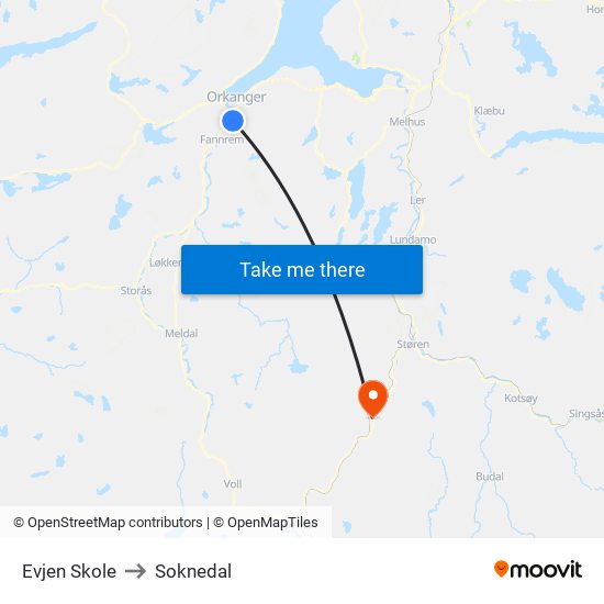 Evjen Skole to Soknedal map