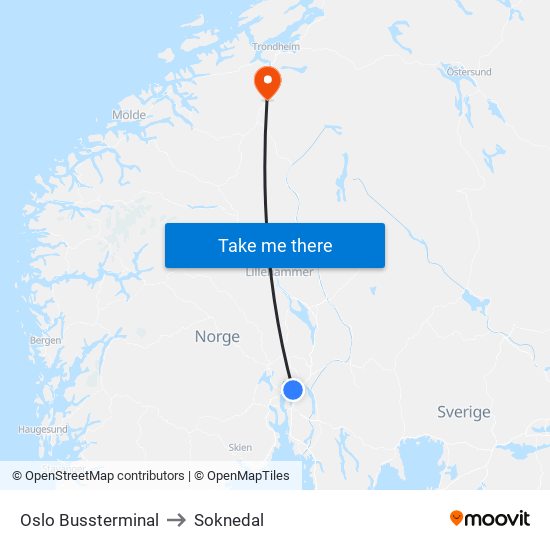 Oslo Bussterminal to Soknedal map