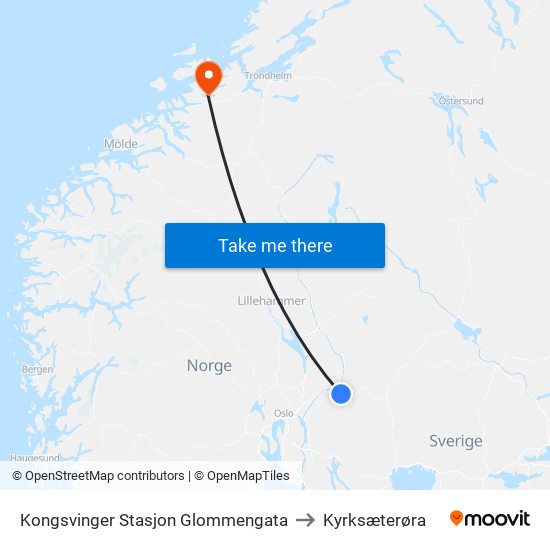 Kongsvinger Stasjon Glommengata to Kyrksæterøra map