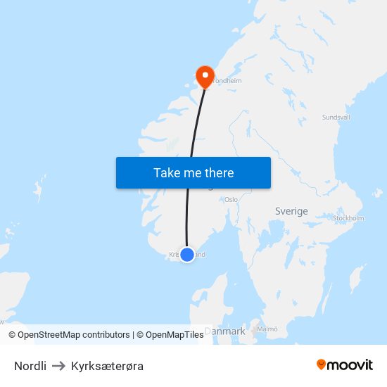 Nordli to Kyrksæterøra map