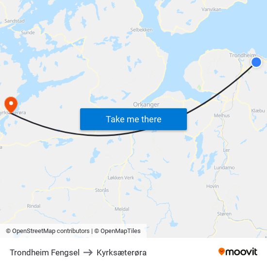 Trondheim Fengsel to Kyrksæterøra map