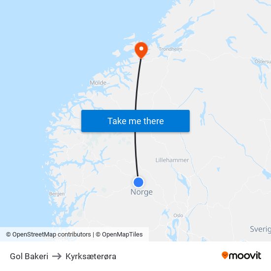 Gol Bakeri to Kyrksæterøra map