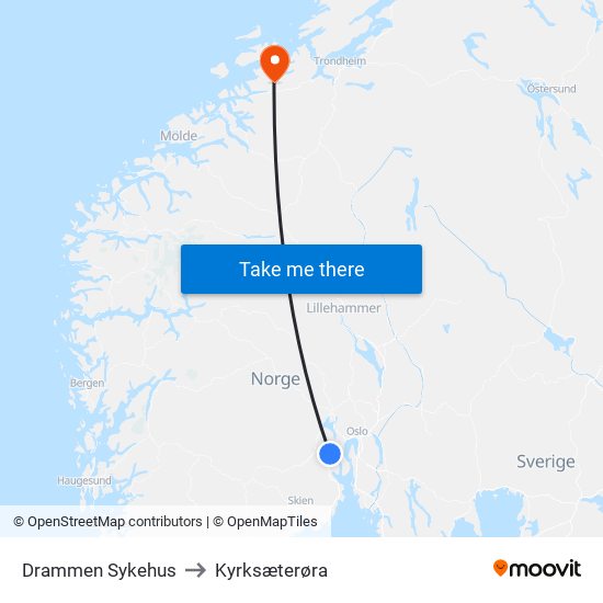 Drammen Sykehus to Kyrksæterøra map