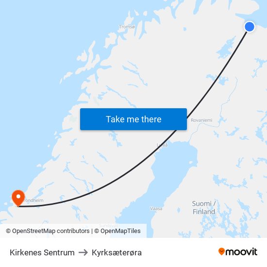 Kirkenes Sentrum to Kyrksæterøra map