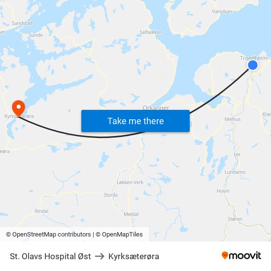 St. Olavs Hospital Øst to Kyrksæterøra map