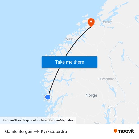 Gamle Bergen to Kyrksæterøra map