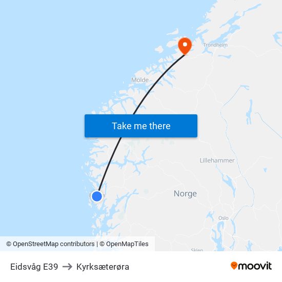 Eidsvåg E39 to Kyrksæterøra map