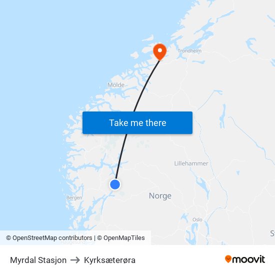 Myrdal Stasjon to Kyrksæterøra map