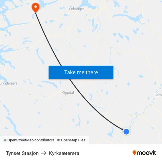 Tynset Stasjon to Kyrksæterøra map