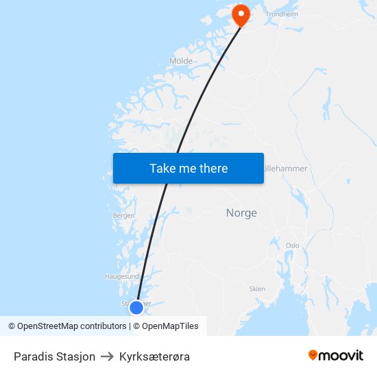 Paradis Stasjon to Kyrksæterøra map