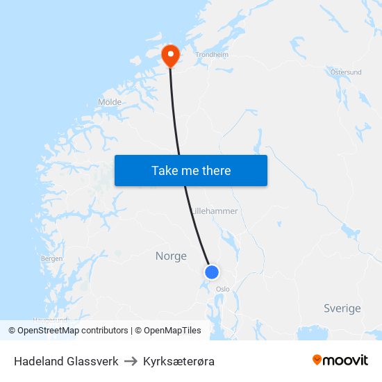 Hadeland Glassverk to Kyrksæterøra map