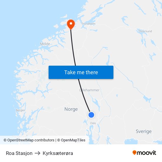 Roa Stasjon to Kyrksæterøra map