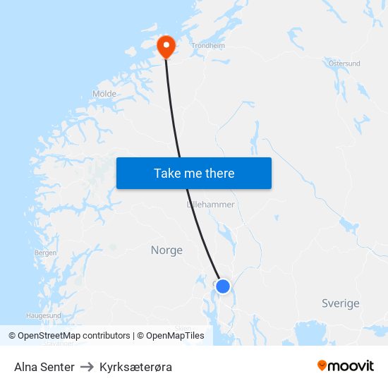 Alna Senter to Kyrksæterøra map