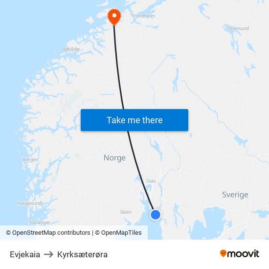 Evjekaia to Kyrksæterøra map