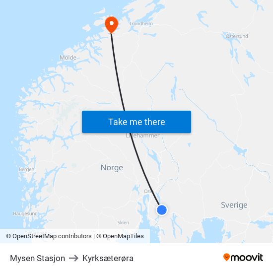 Mysen Stasjon to Kyrksæterøra map