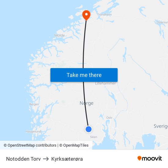 Notodden Torv to Kyrksæterøra map