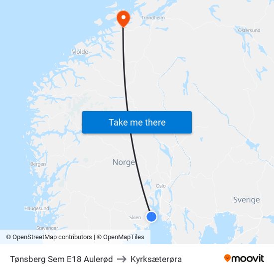 Tønsberg Sem E18 Aulerød to Kyrksæterøra map