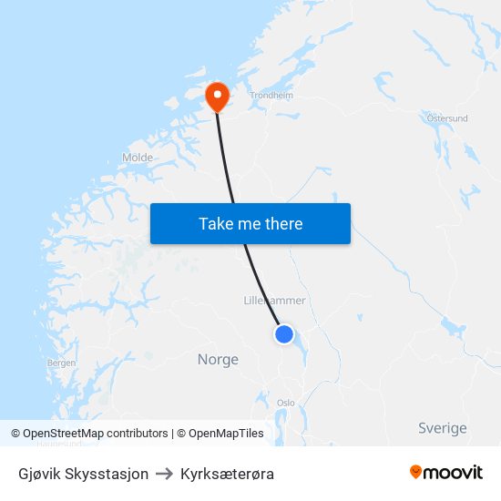 Gjøvik Skysstasjon to Kyrksæterøra map