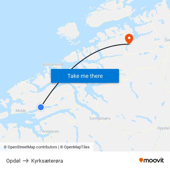 Opdøl to Kyrksæterøra map