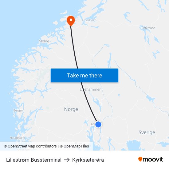 Lillestrøm Bussterminal to Kyrksæterøra map