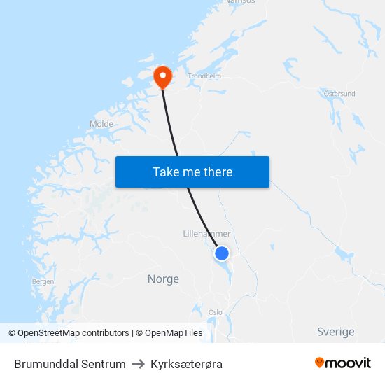 Brumunddal Sentrum to Kyrksæterøra map