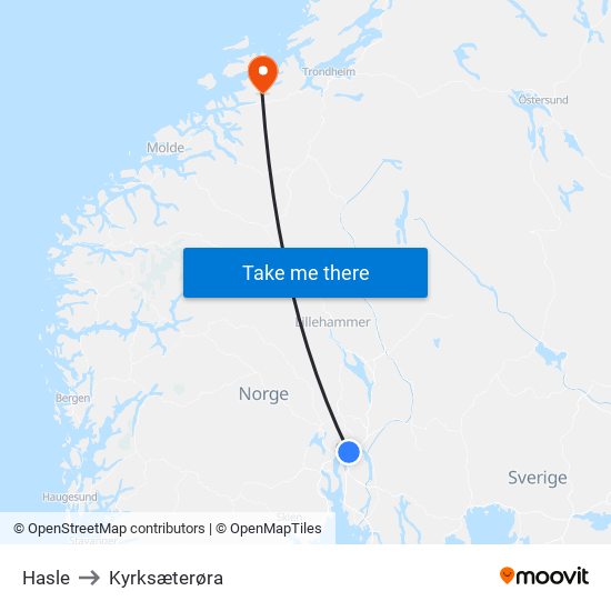 Hasle to Kyrksæterøra map