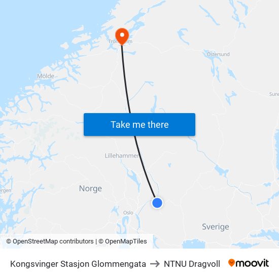 Kongsvinger Stasjon Glommengata to NTNU Dragvoll map