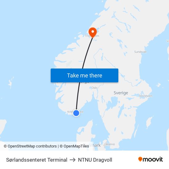 Sørlandssenteret Terminal to NTNU Dragvoll map