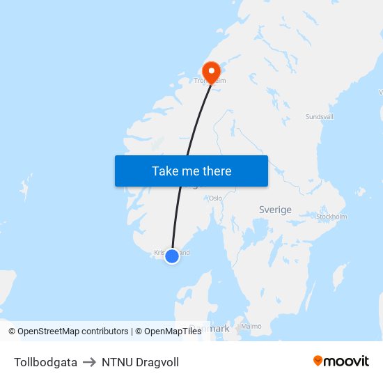 Tollbodgata to NTNU Dragvoll map