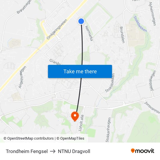 Trondheim Fengsel to NTNU Dragvoll map