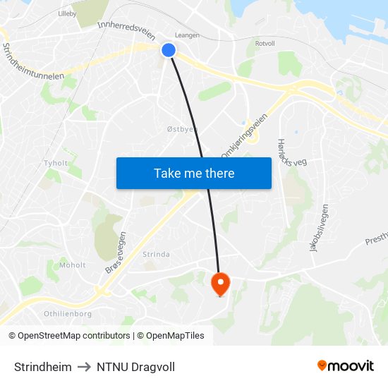 Strindheim to NTNU Dragvoll map