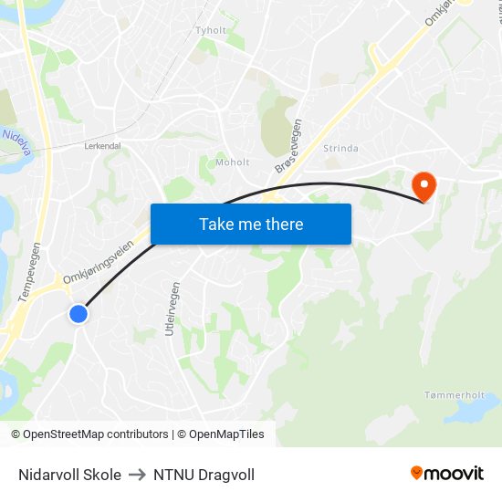 Nidarvoll Skole to NTNU Dragvoll map