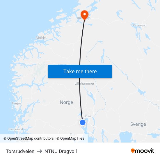 Torsrudveien to NTNU Dragvoll map