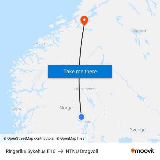 Ringerike Sykehus E16 to NTNU Dragvoll map