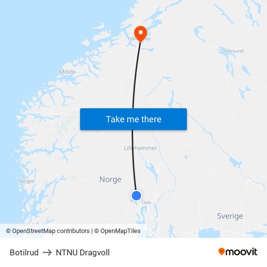 Botilrud to NTNU Dragvoll map