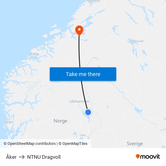 Åker to NTNU Dragvoll map