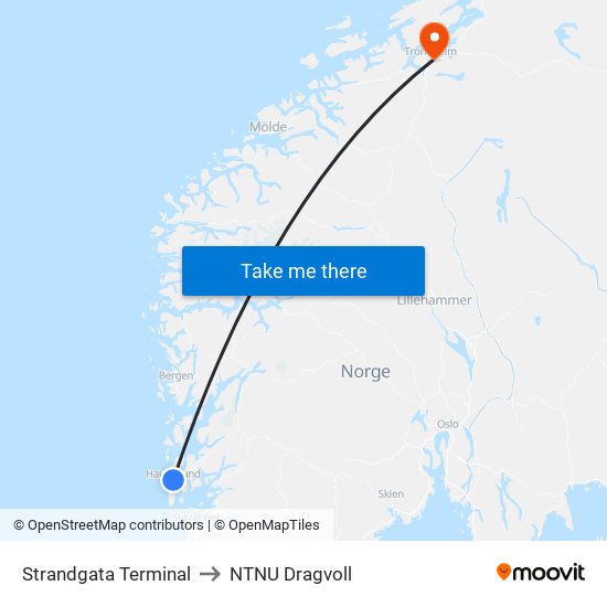 Strandgata Terminal to NTNU Dragvoll map