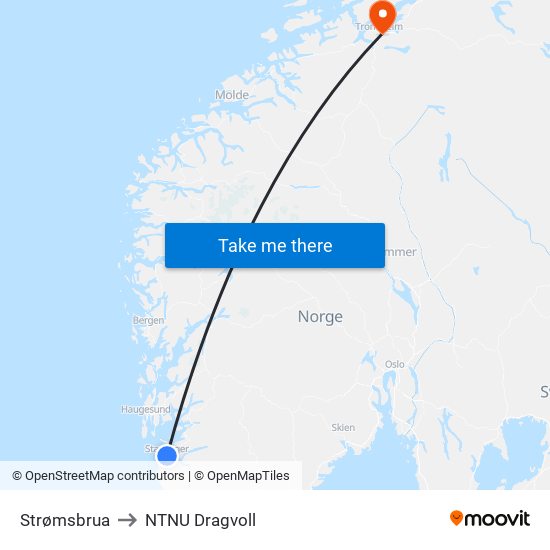 Strømsbrua to NTNU Dragvoll map