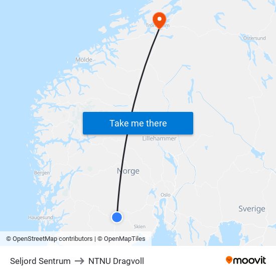 Seljord Sentrum to NTNU Dragvoll map