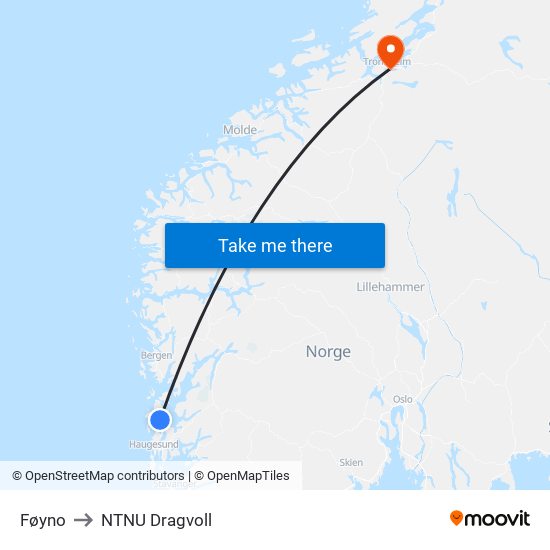 Føyno to NTNU Dragvoll map