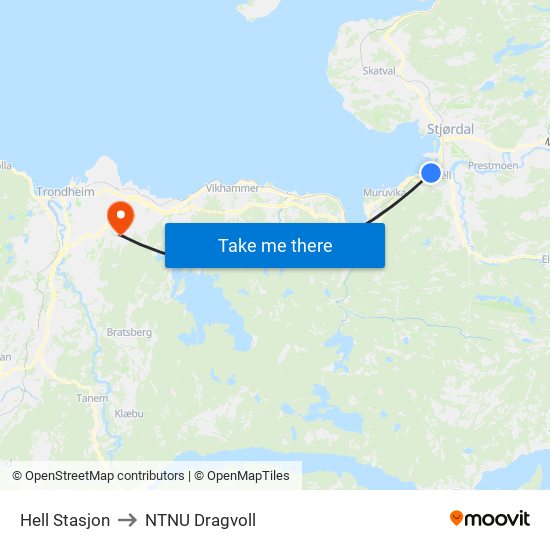 Hell Stasjon to NTNU Dragvoll map