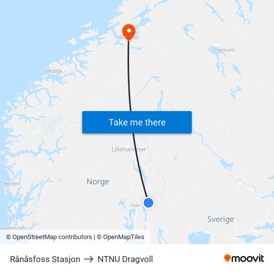 Rånåsfoss Stasjon to NTNU Dragvoll map