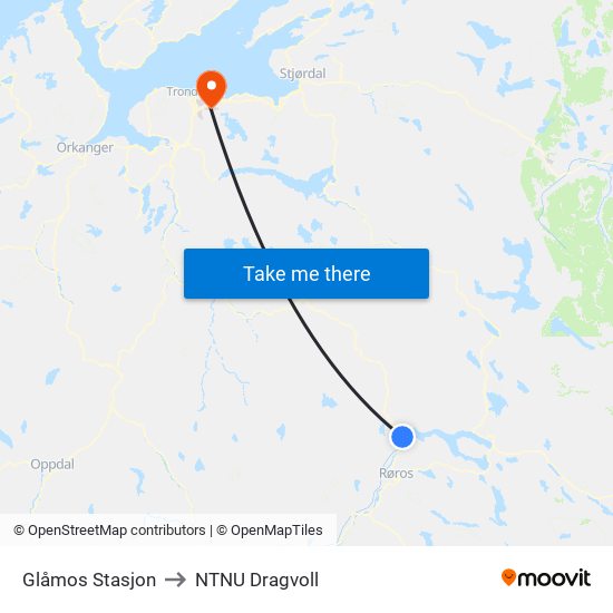 Glåmos Stasjon to NTNU Dragvoll map